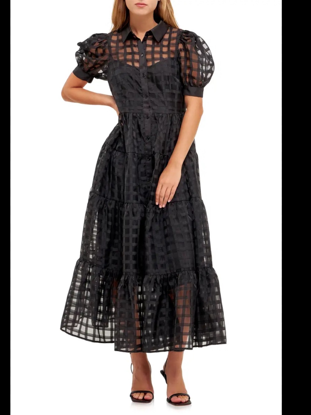 English factory Grid Pattern Tiered Midi Shirt dress women’s large black long